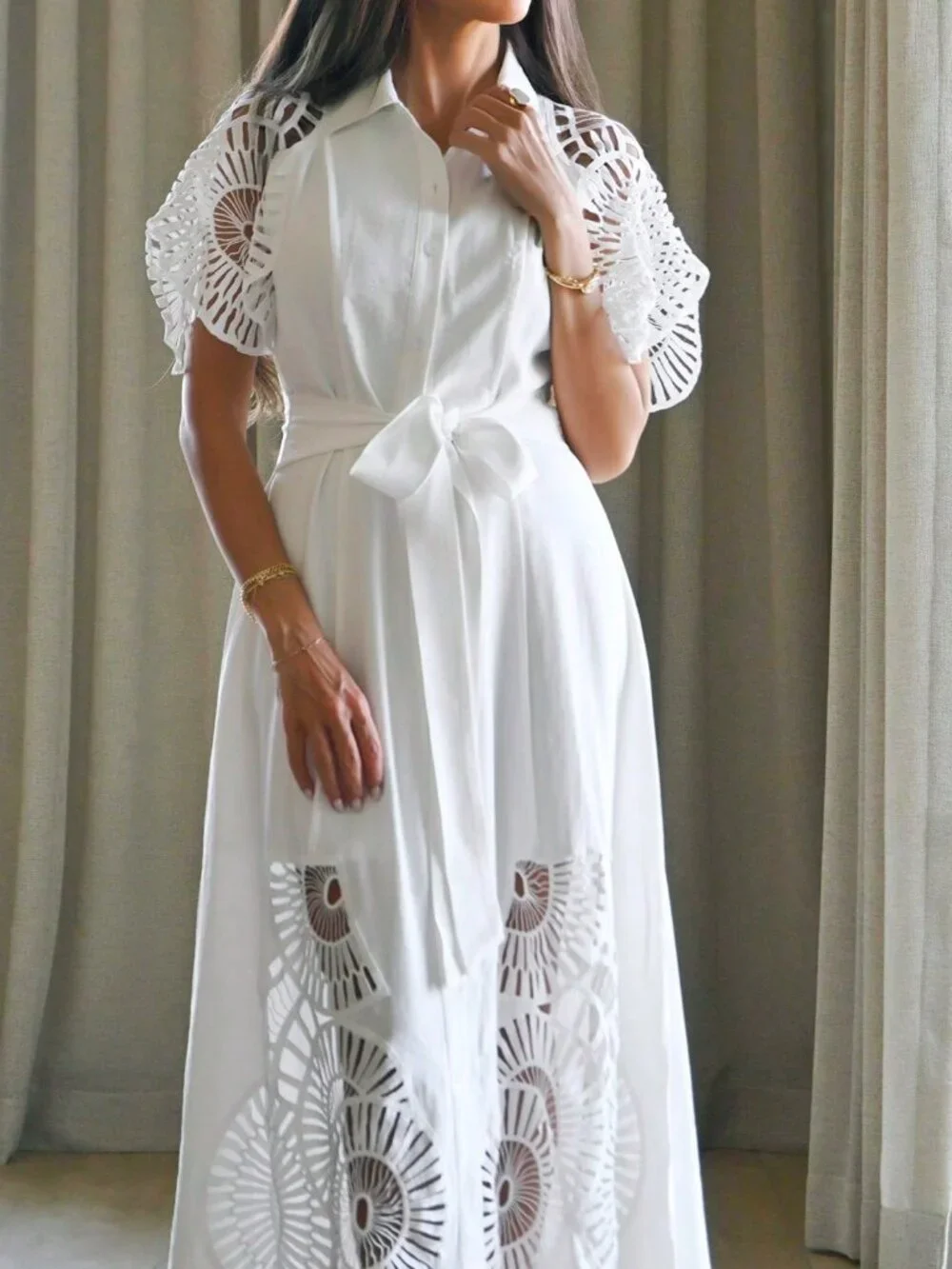 White Elegant Women's Puff Sleeve Single Breasted Hollow Splice Dress - Picture 5 of 5